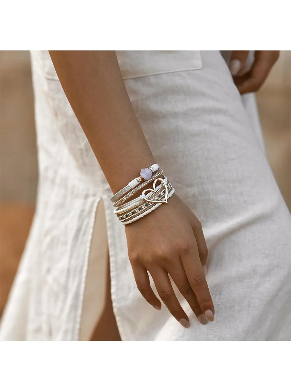 Anthropologie White and Gold Multi-Strand Heart & Druzy Wrap Bracelet